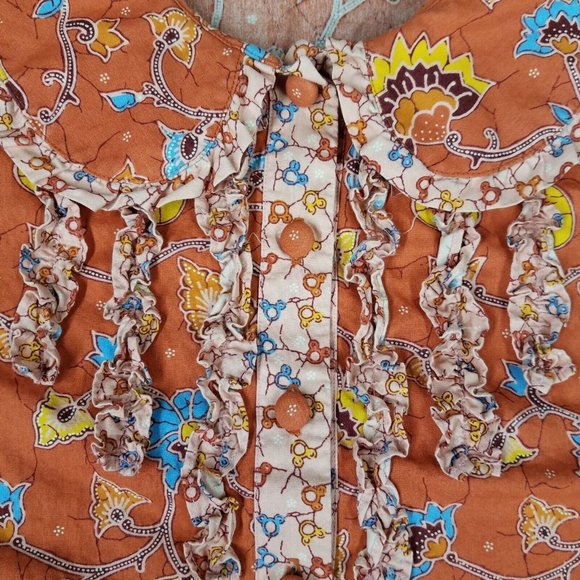 Disney Shirt Girl's Kid's 14 Orange Button Front Mickey Mouse Floral Ruffles - Picture 4 of 10